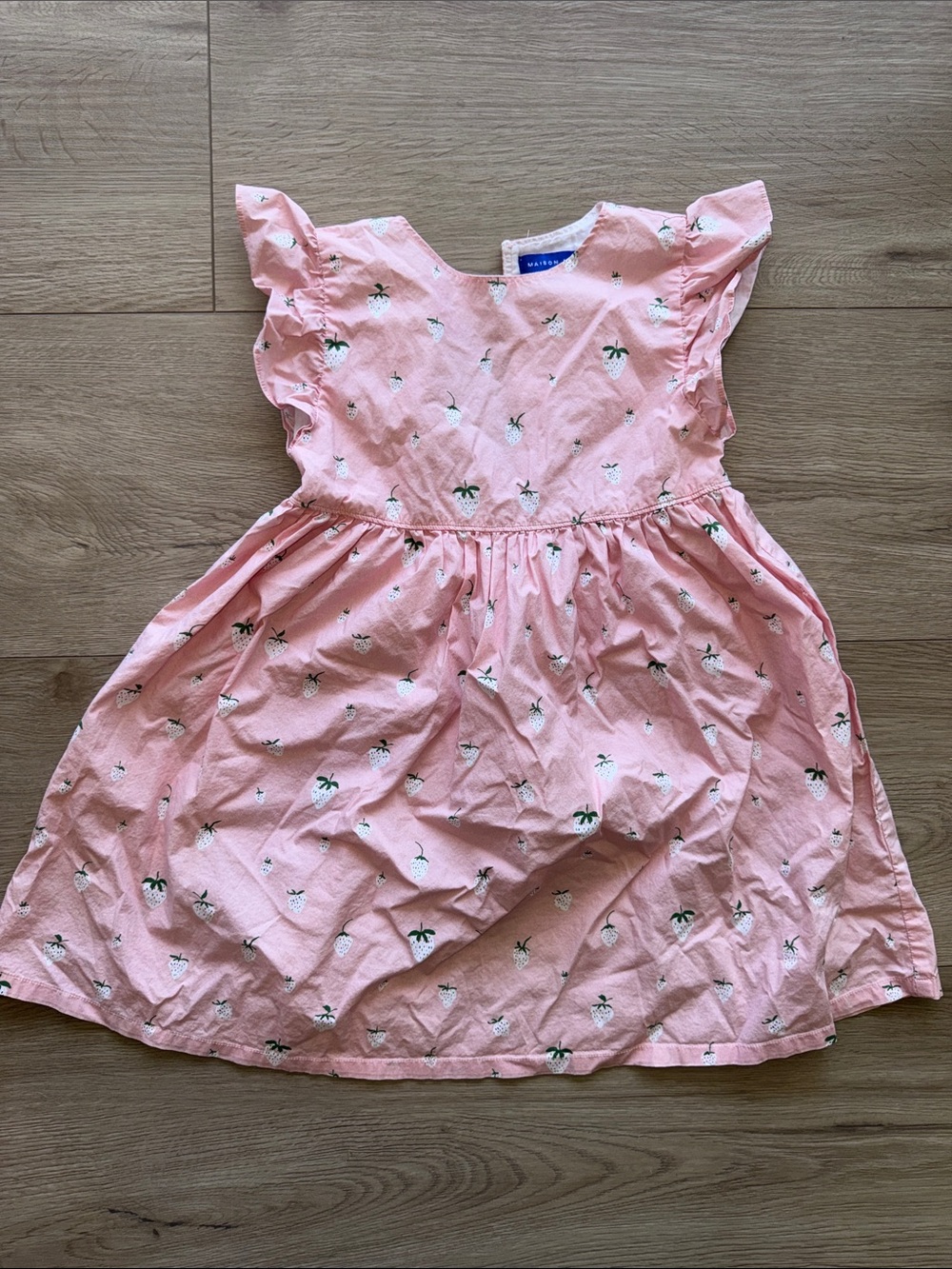 Girls Pink Strawberry Flutter-Sleeve Cotton Dress